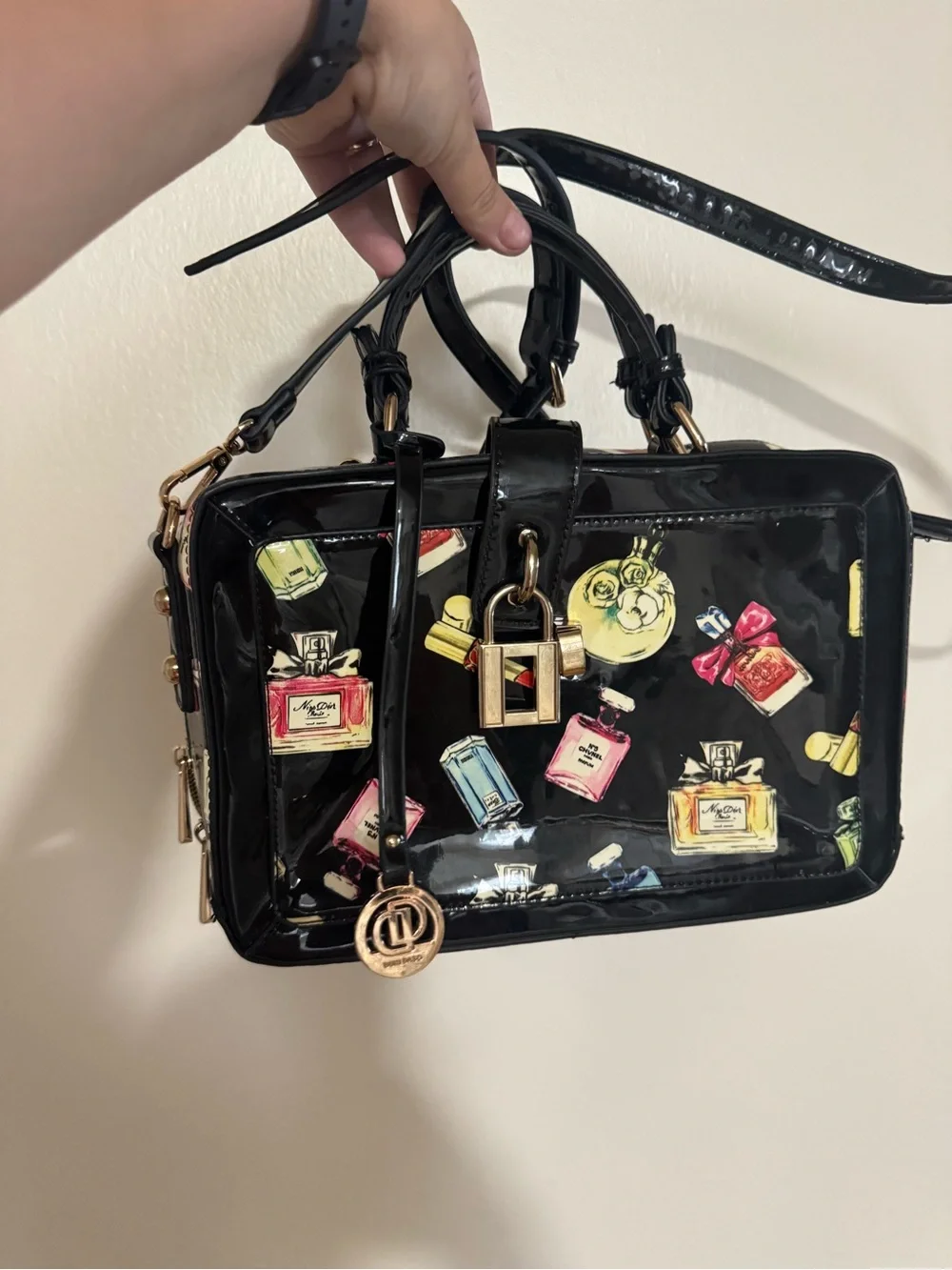 Black Patent Crossbody Bag with Perfume Bottle Print